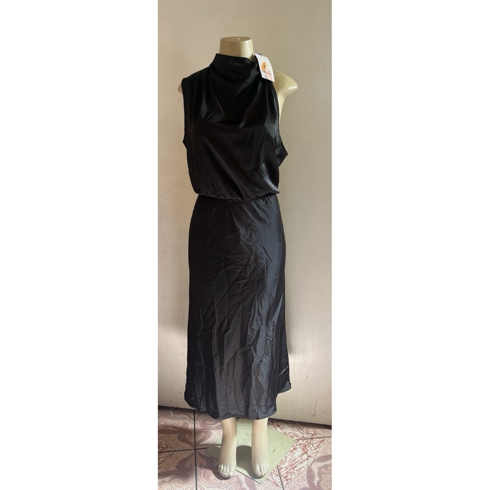 Black Satin High Neck Midi Dress Sleeveless Mock Neck Cowl Formal Cocktail - Picture 4 of 4